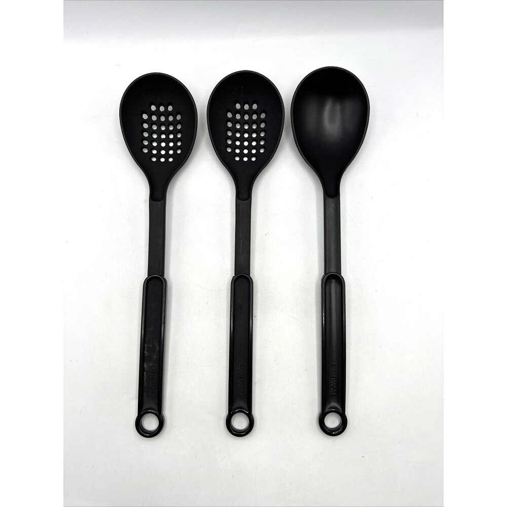 Lot of 3 Farberware Serving Spoon 2 Slotted Holes Spoon, 1 Solid Spoon Black USA